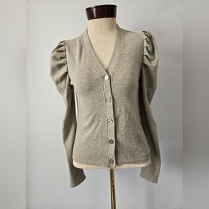 7 FOR ALL MANKIND Women's Puff Sleeve VNeck Creamy Grey Cardigan Sweater. Size S